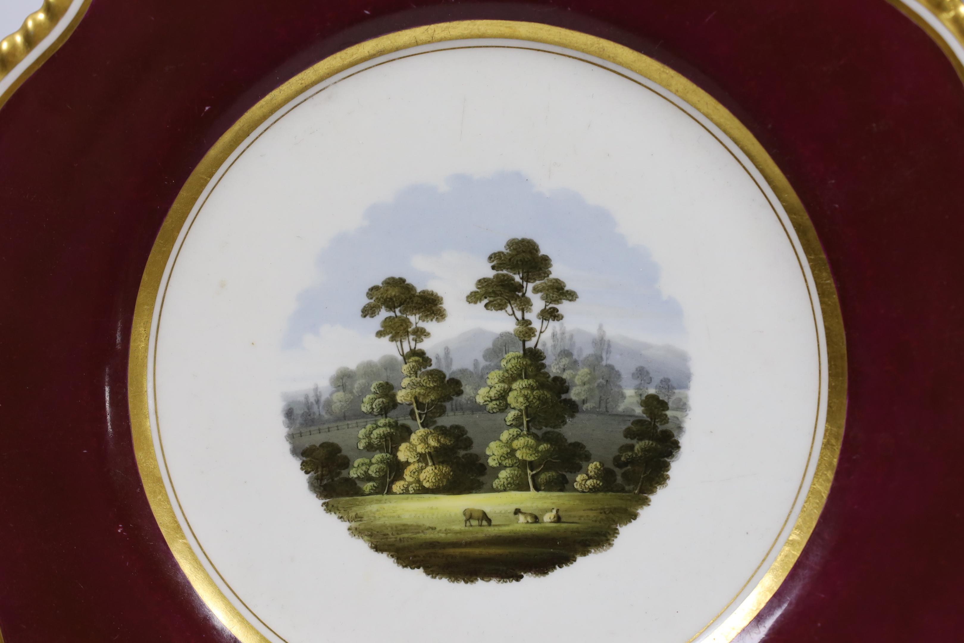 A pair of Flight, Barr & Barr Worcester named topographical plates, c.1820, views of Malvern Hills from Boughton House and Little Malvern Church, 23cm diameter
